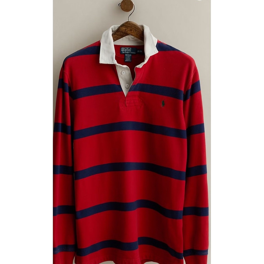 Vintage Polo Ralph Lauren Rugby Shirt Mens L Red Navy Stripe Long Sleeve